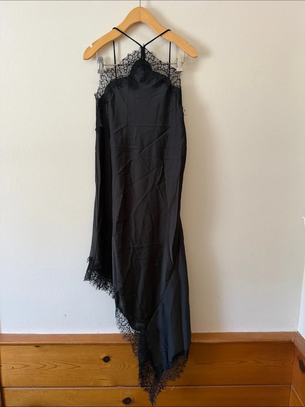 Zara ZW COLLECTION Black ASYMMETRIC LACE SATIN DRESS Size L - Picture 5 of 7